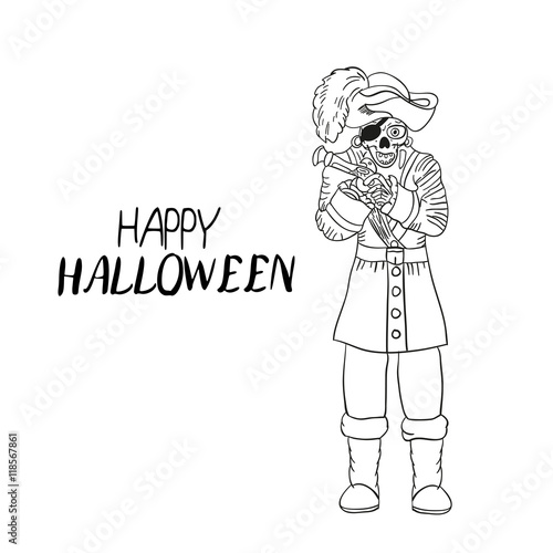 Skeleton pirate. Halloween. Skull and Bones. Sketch. Hand drawing. For your design