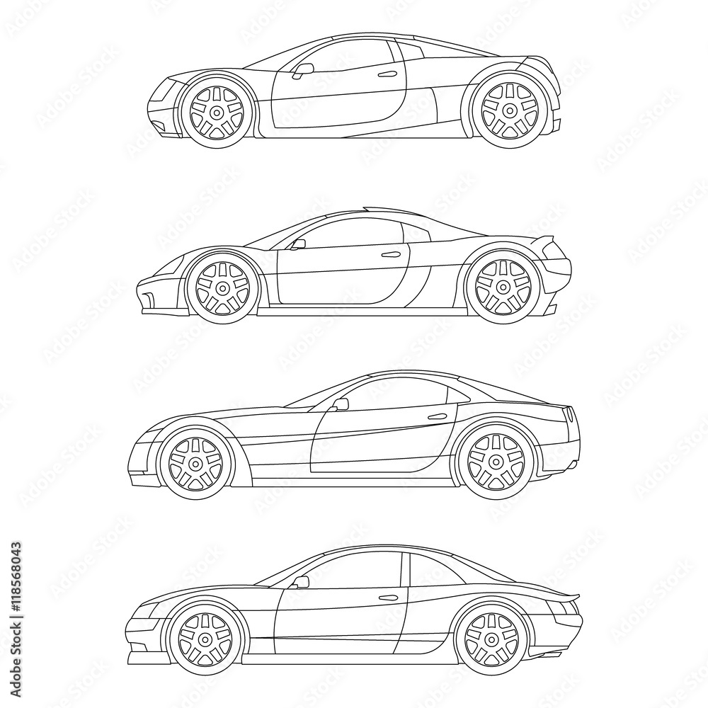 Fototapeta sport car outline drawing set flat Icon vector