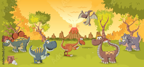 Forest with volcano and funny cartoon dinosaurs. Prehistoric nature landscape.    