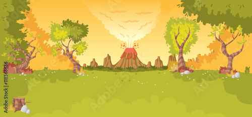 Forest with volcano, grass and trees. Prehistoric nature landscape.
