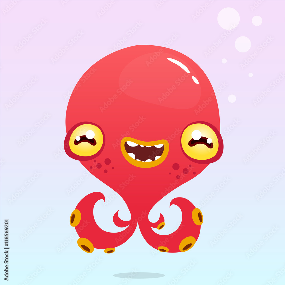 Happy cartoon octopus. Vector Halloween red monster with tentacles isolated Happy cartoon octopus. Vector Halloween red monster with tentacles isolated