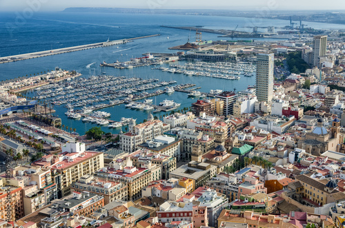 View on Alicante harbor and old city center, Spain