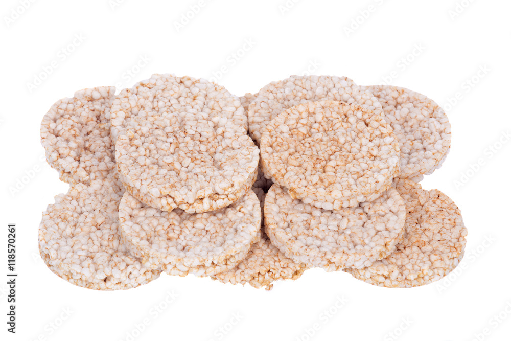 Brown organic rice cakes separated on white background Brown organic rice cakes separated on white background