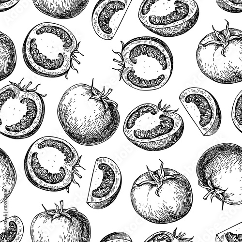 Vector tomato seamless pattern drawing. Isolated tomatoes and sl