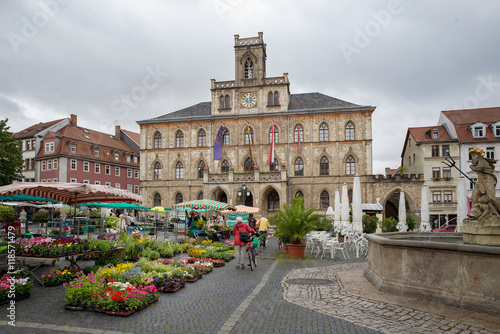 Weimar town hall square street market flower stand stall fountain unesco Thuringia Germany 