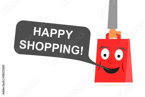 Happy shopping bag with text Happy shopping in bubble. The happy bag is held by hand. Vector illustration on white background.