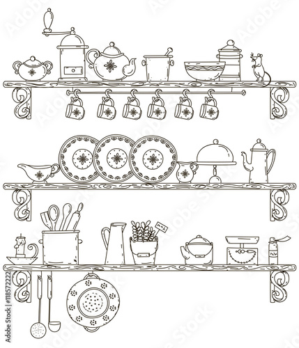 Vintage kuhnya.Polki with kitchenware. Vector illustration