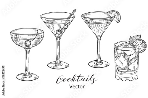 Hand drawn set of alcoholic cocktails