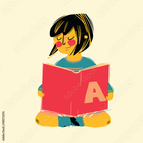 Vector illustration of cute girl reading a book