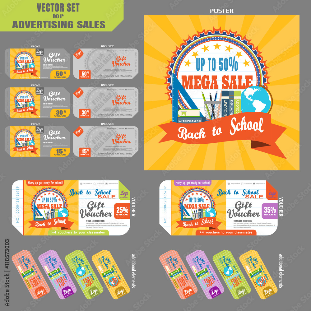 Advertising Back to school fair vector set with poster and various gift vouchers on the gray background.