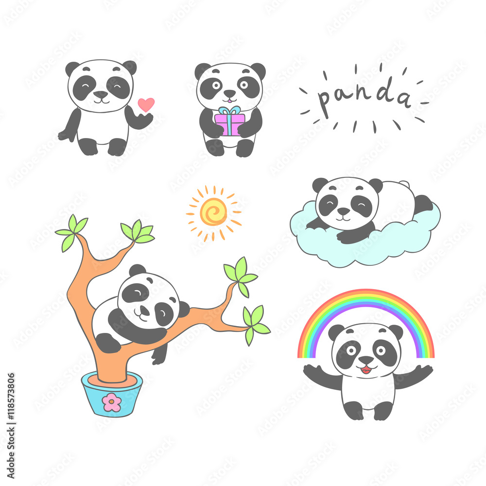 Obraz premium Set of cartoon doodle panda bear, isolated images for little kids. 