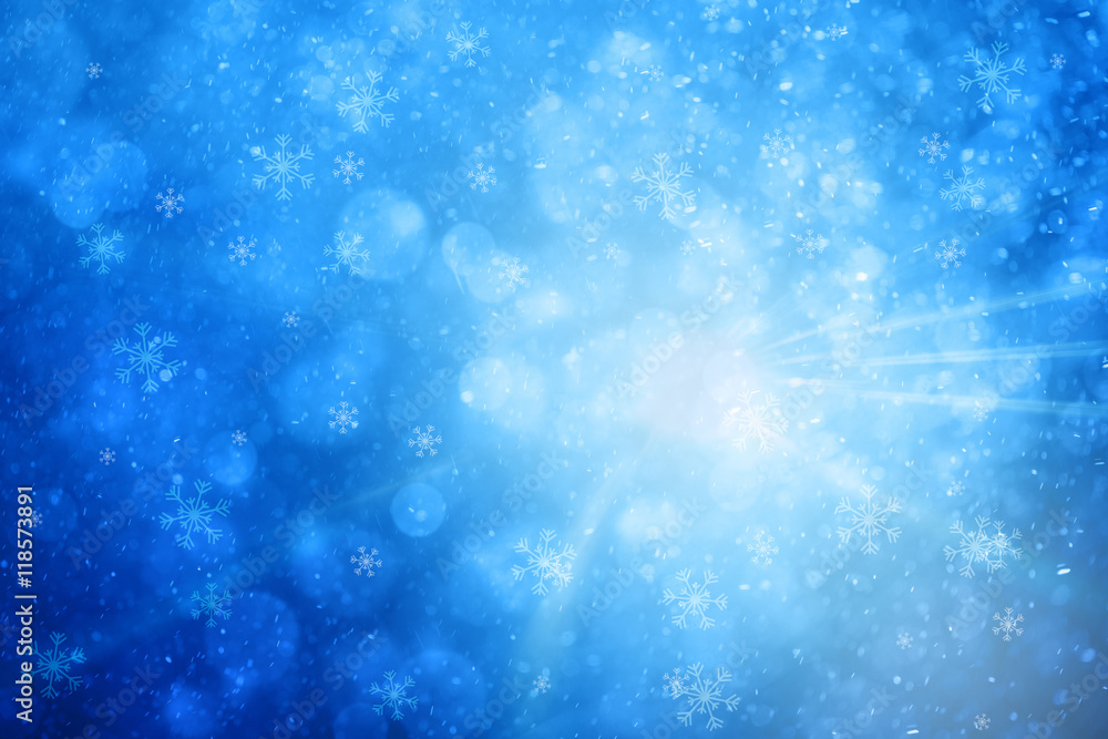 Conceptual abstract winter season greeting card illustration background with snowflakes, light rays and place for message.