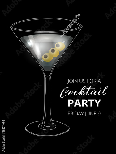 Hand drawn cocktail in martini glass with olives