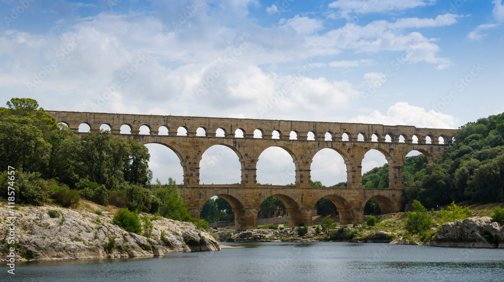 Pont Du Gard Aqueduct crossing the Gardon River near Nimes in France.
