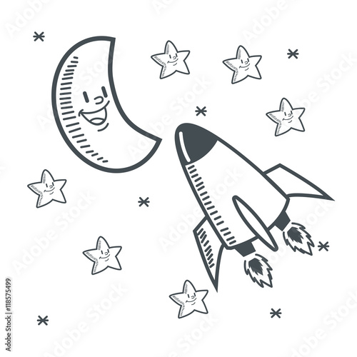 stars moon rocket space sketch icon. Black white isolated design. Vector illustration