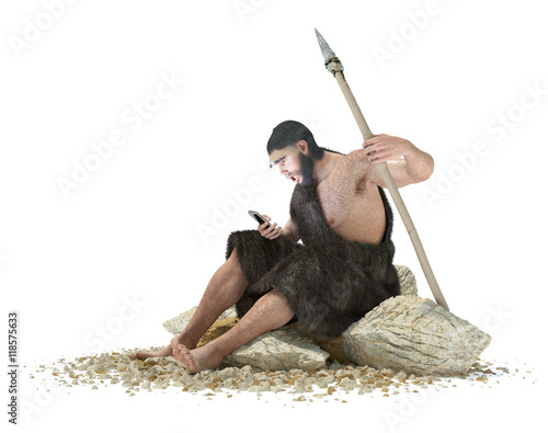 primitive man with smartphone on isolate white concept illustration
