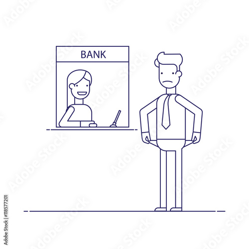 Businessman without money nothing to pay the loan , the debt to the bank. Man is not the money to pay. Man in difficult financial situation. Banking system. Thin line vector illustration in flat style