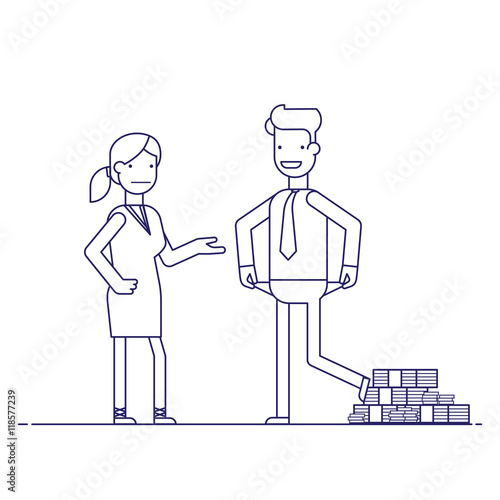 Man cheating woman. Businessman with lots of money evades payment. Financial fraud. Greedy man in trousers and shirt. False bankruptcy. Thin line vector illustration in flat style.