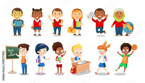 Set of cheerful school children flat icons isolated on white background. School boys and girls cartoon vector illustration. Group of students
