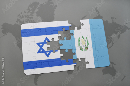 puzzle with the national flag of israel and guatemala on a world map background.