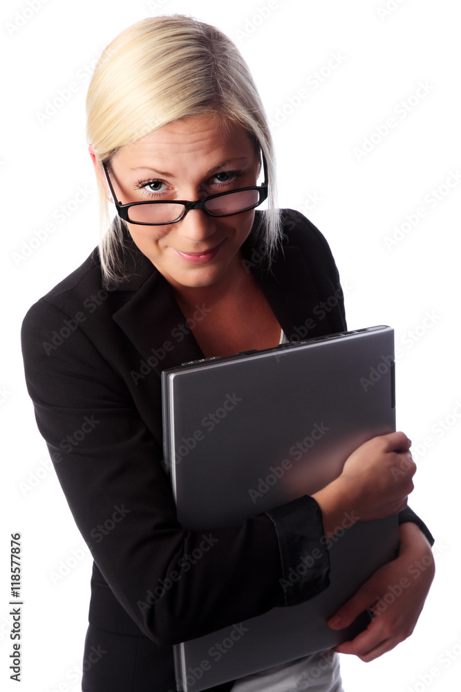 Cute businesswoman in a suit and glasses, holding a laptop computer looking at camera. White background. Cute businesswoman in a suit and glasses, holding a laptop computer looking at camera. White background.
