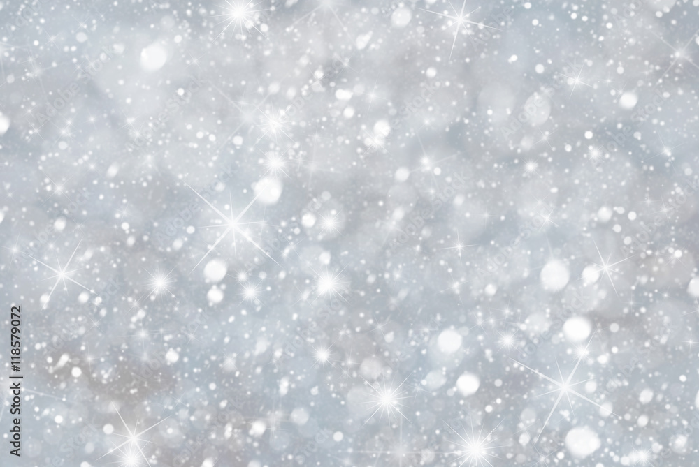 Silver Christmas Background With Snwoflakes, Bokeh And Stars, Blue Color