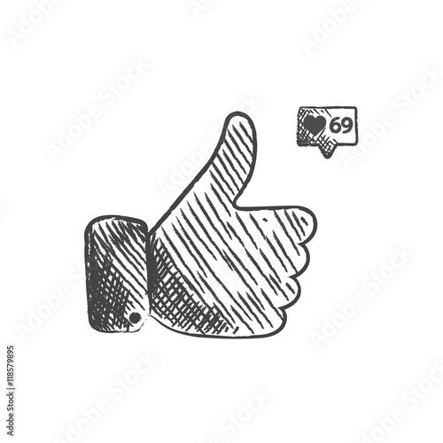 Thumbs up sketch icon for web and mobile. Hand drawn vector dark grey icon on light grey background.