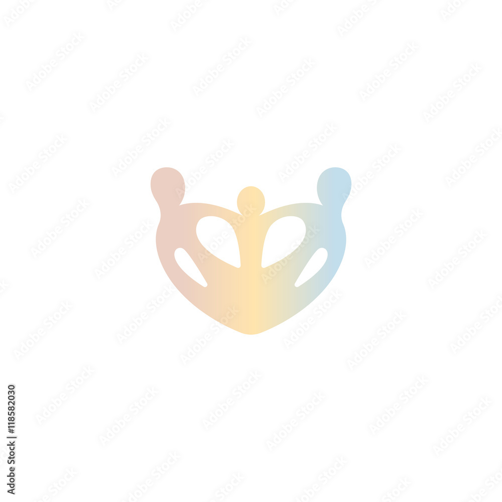 Isolated abstract crown vector logo. Pink, yellow, blue color accessories element logotype. Royal family attribute in a shape of a heart. Jewelry store label. Isolated abstract crown vector logo. Pink, yellow, blue color accessories element logotype. Royal family attribute in a shape of a heart. Jewelry store label.