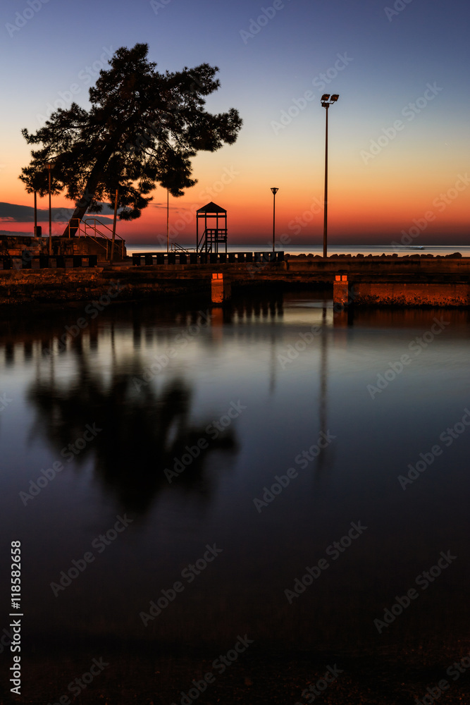 Reflection of the tree and tower in the marina in Poreč, Croatia