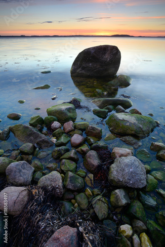 Coastal Sunset, Huge Boulders in the Baltic Sea, Rugen Island, Germany 