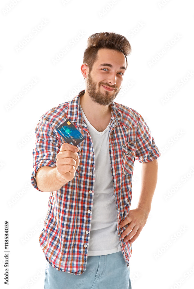 Young man holding credit card on white background Young man holding credit card on white background