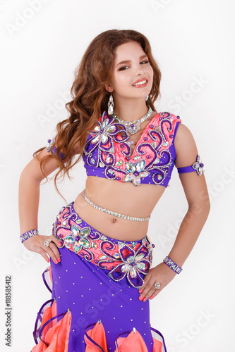 Little girl belly dance isolated on white