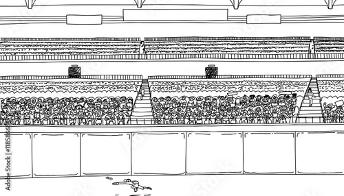 Outline drawing of outfielder running for ball at stadium