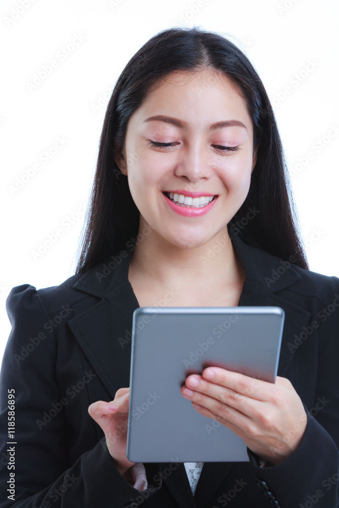 Asian woman holding tablet computer, on white background. Asian woman holding tablet computer, on white background.