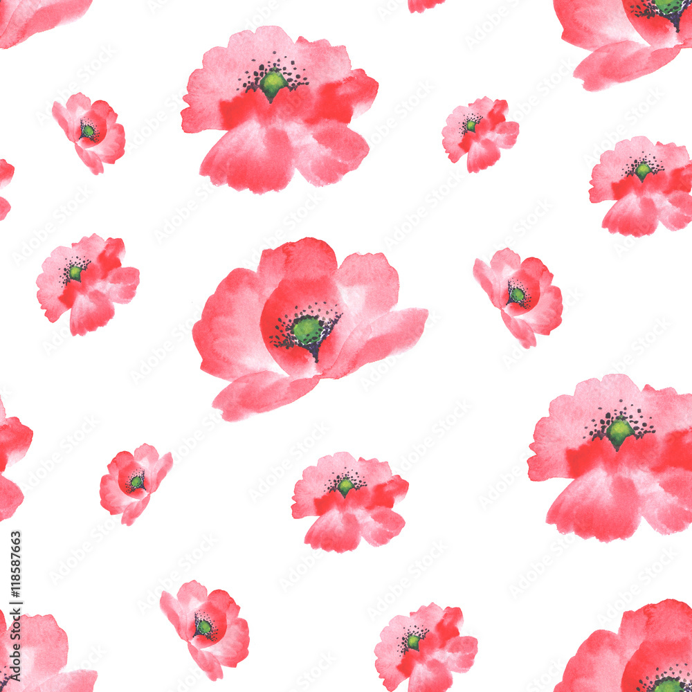 Seamless watercolor hand painted background, pattern. Isolated red poppies.
