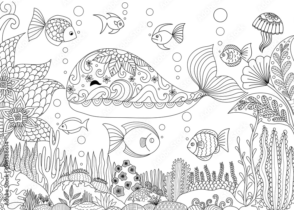 Naklejka premium Projekt Doodles małego wieloryba pod morzem z pięknymi koralowcami dla dorosłych kolorowanka - wektor