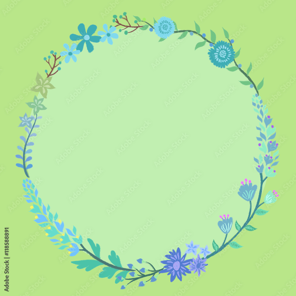 Combination of different flowers vector forming 

circle frame wreath in blue green theme background.