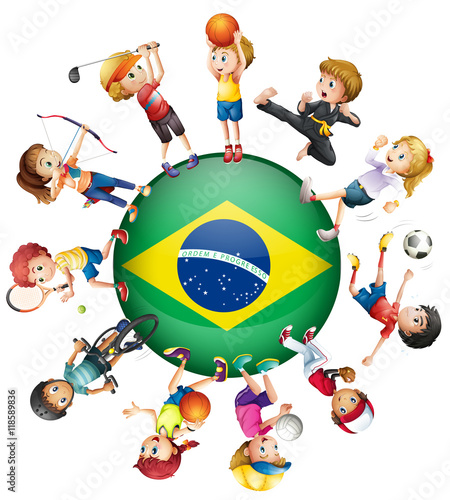 Children do different sports and Brazil flag
