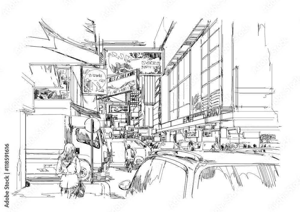 hand drawn sketch of modern cityscape,urban city street,Illustration.