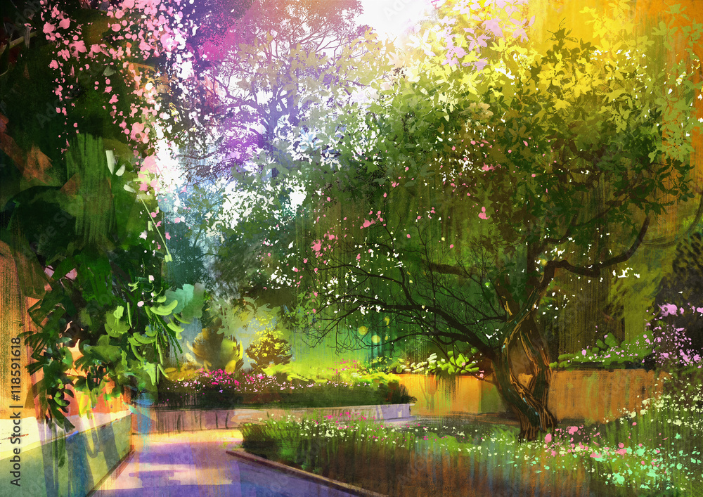 Obraz premium pathway in a peaceful green park,illustration,landscape painting