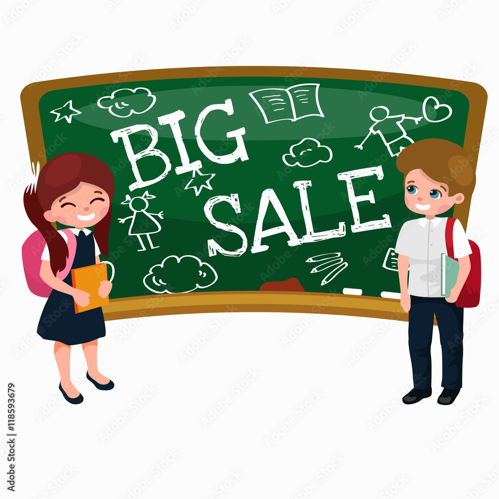Back to School summer sale background. Boy and girl at the blackboard, education concept banner Back to School summer sale background. Boy and girl at the blackboard, education concept banner
