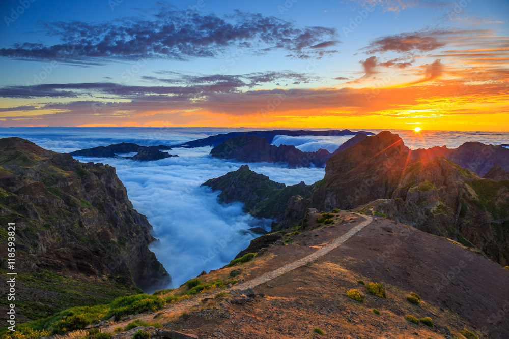 beautiful sunset over the mountains, Madeira Island, Portugal