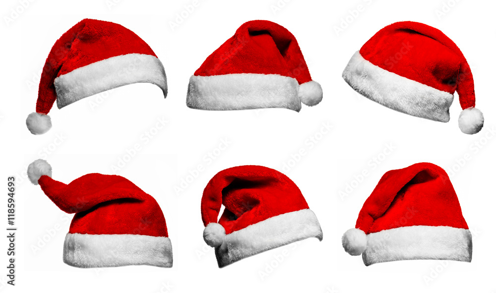 Set of red Santa Claus hats isolated on white background Set of red Santa Claus hats isolated on white background