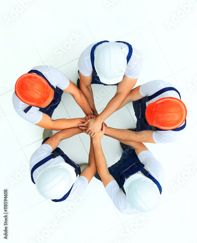 Large group of workers standing in circle top view