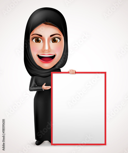 Female muslim arab holding and presenting an empty white board for messages wearing abaya with happy smile in white background. Vector illustration.
