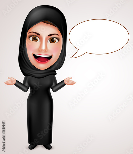Female muslim arab talking and presenting with empty speech bubbles wearing abaya and veil with a friendly smile.
