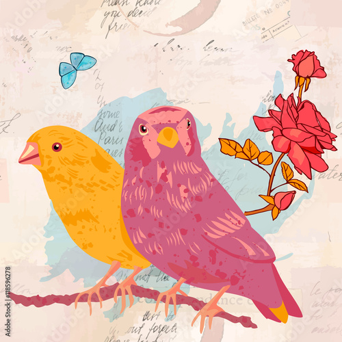 Vector postcard with birds, roses and butterfly on faded ephemera