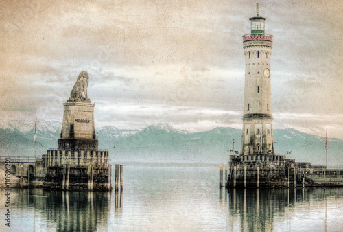 Lighthouse on lake Bondesee made in vintage style. Germany.