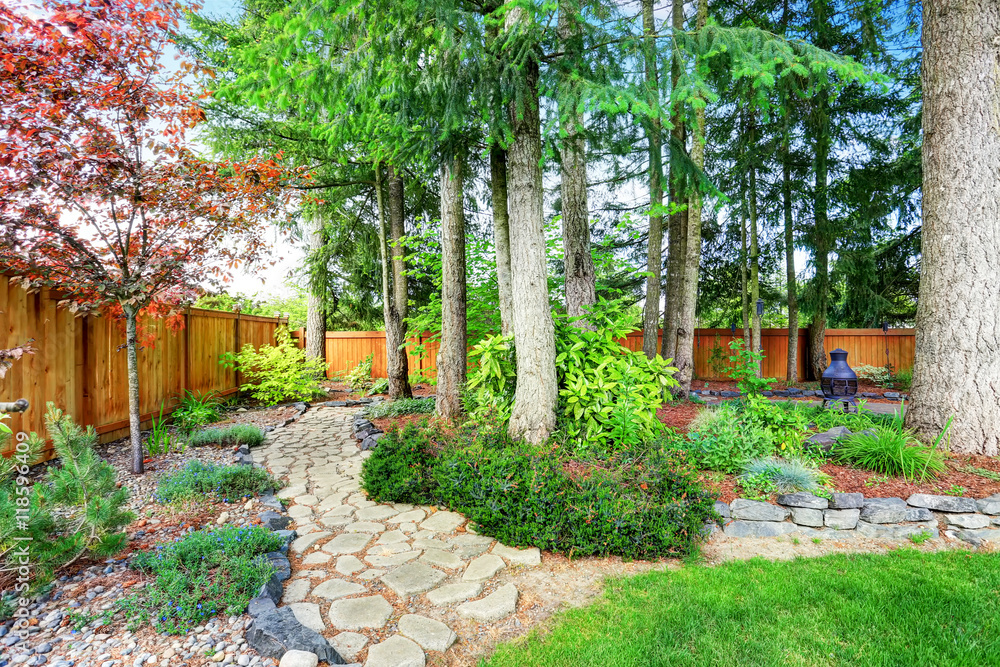 Fenced back yard with well kept garden. Fenced back yard with well kept garden.
