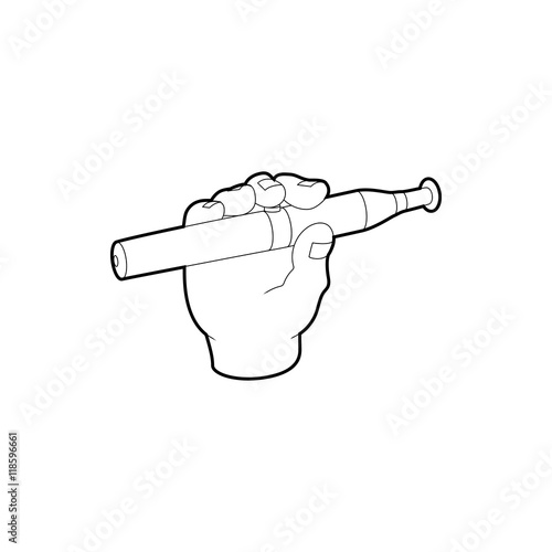 Hand holding e-cigarette icon in outline style isolated on white background
